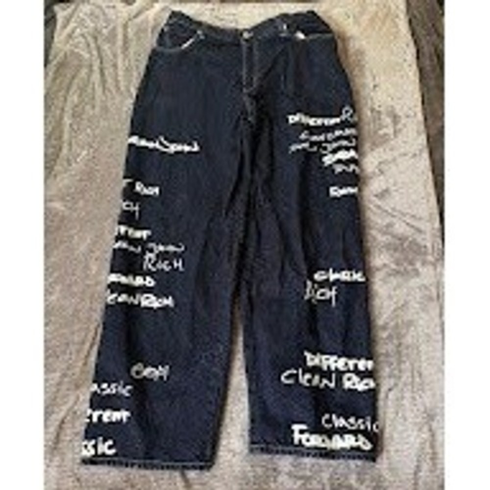 Sean John Mens Graffiti Print Baggy Jeans Dark Denim Vintage 90s Hip Hop 36X31